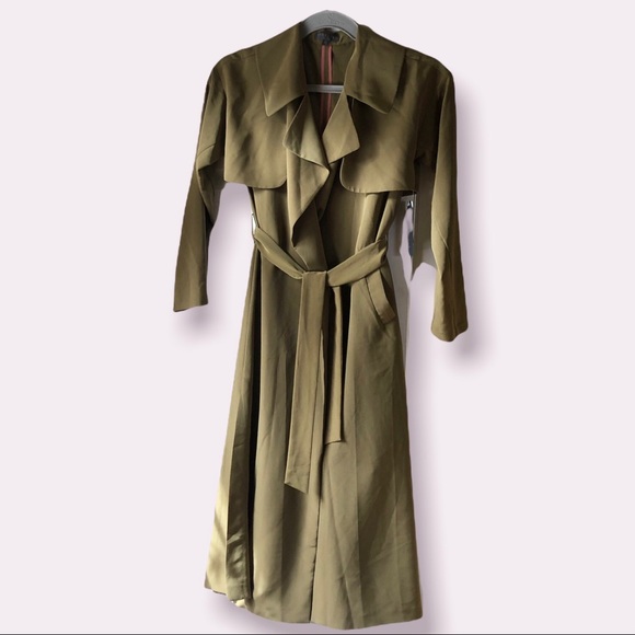 NWT Highline Belted Trench Midi Coat Sage Green pink piping Belted Long Sleeves - Picture 4 of 6